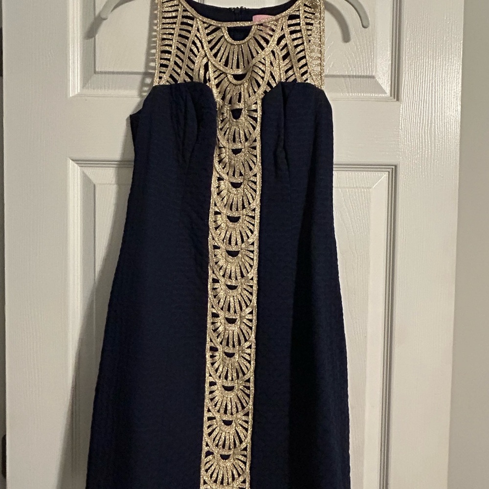 Lilly Pulitzer Blue and Gold Embellished Sheath Dress